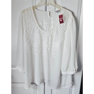 New Avenue Women's Romantic Shear Blouse White Long Sleeves Flowy Size 22/24